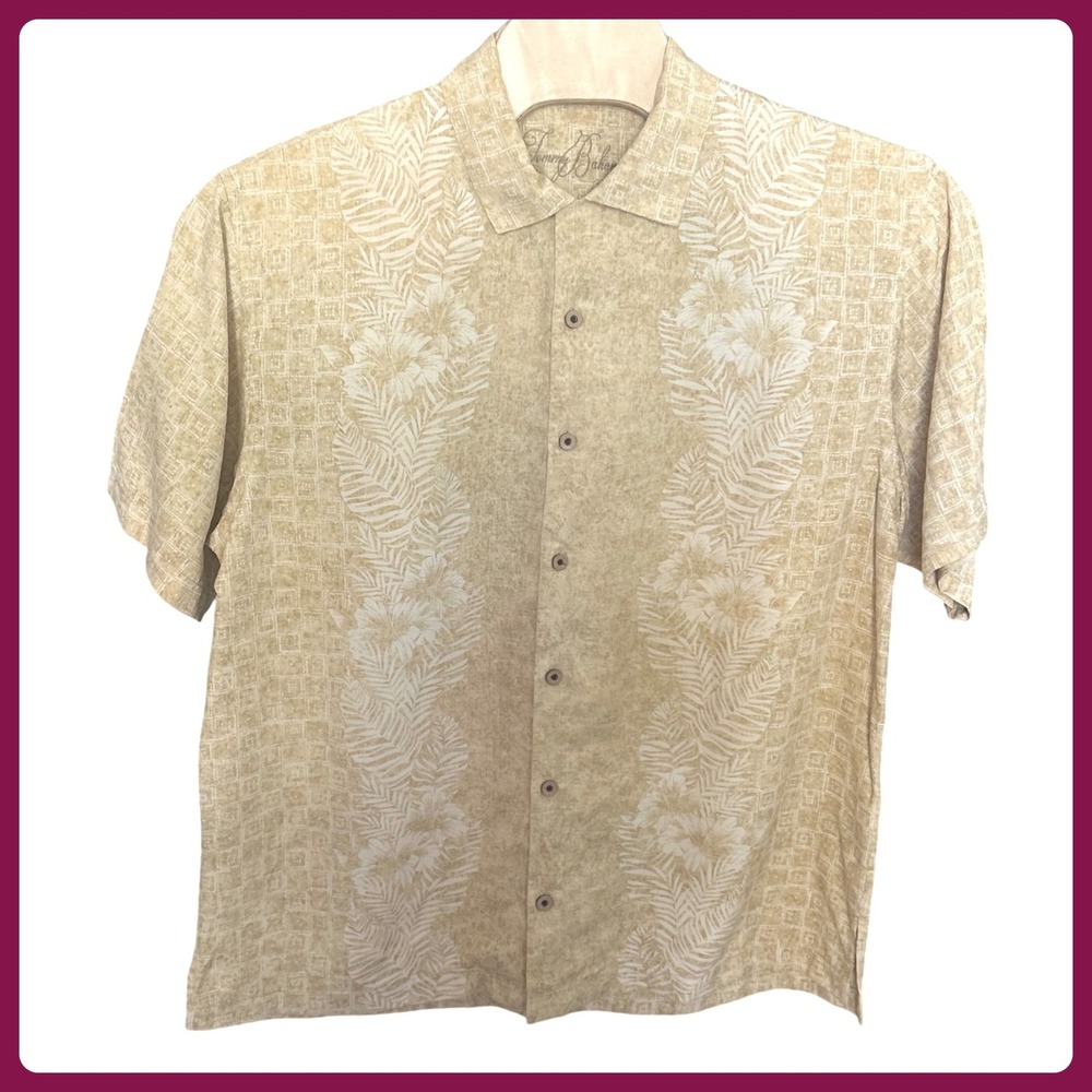 Tommy Bahama Mens XL Silk Short Sleeve Button Down Shirt Tan Floral Tropical